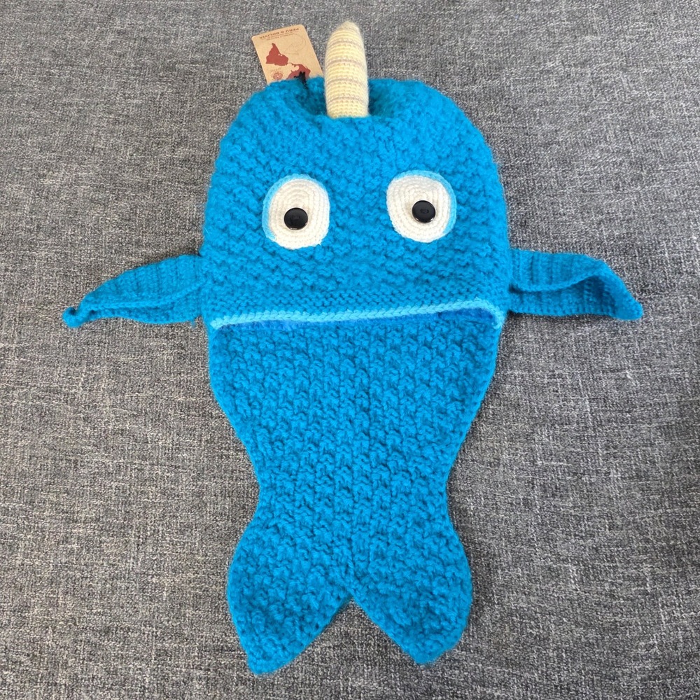 Andes Gifts Narwhal Knit Hat Blue Alpaca Blend Fleece Lined Beanie Peru Handmade